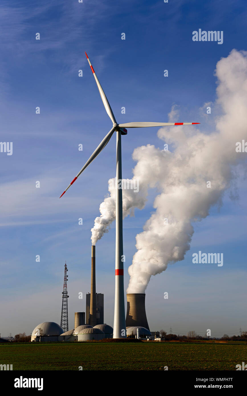 Il vento ruota, impianto di produzione di biogas, di centrali elettriche a carbone, Mehrum, distretto di Peine, Bassa Sassonia, disco centrali a carbone vegetale Foto Stock