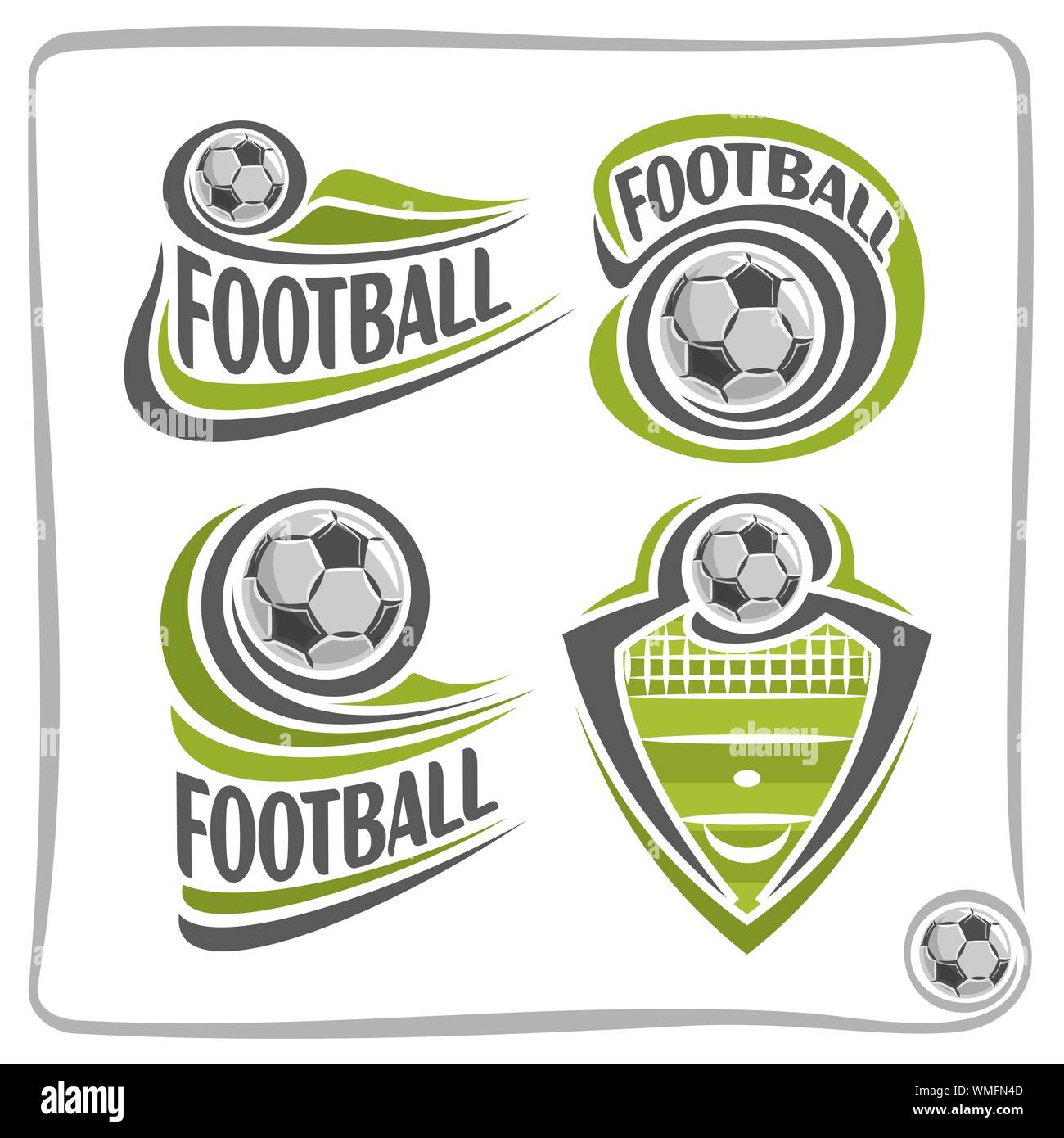 Vettore logo astratto per il calcio, indicazioni per lo sport club, semplice palla calcio battenti sul campo verde con net, set di isolato di icone sportive. Illustrazione Vettoriale