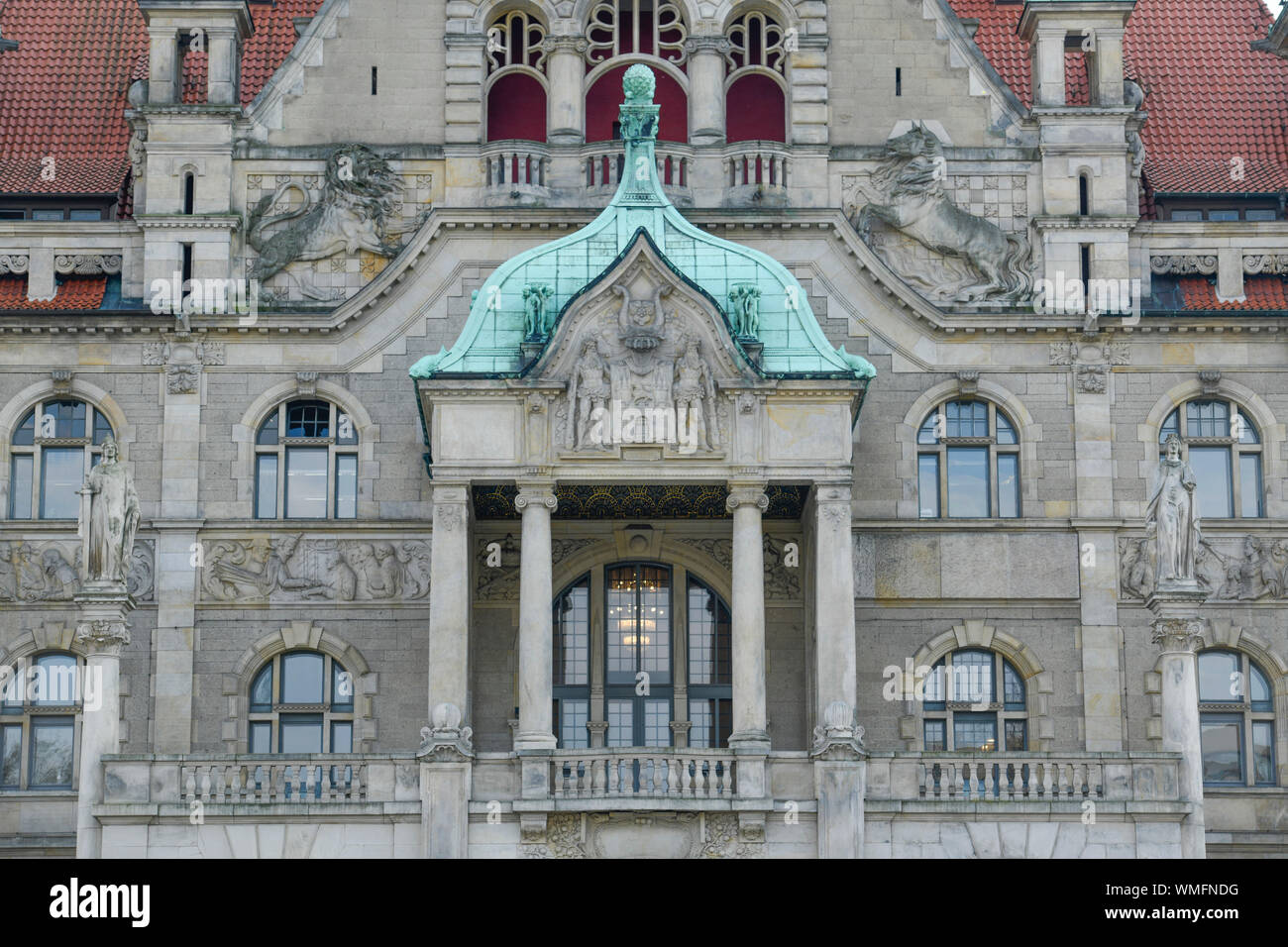 Fassade, Erker, Neues Rathaus, Tramplatz, Hannover, Niedersachsen, Deutschland Foto Stock