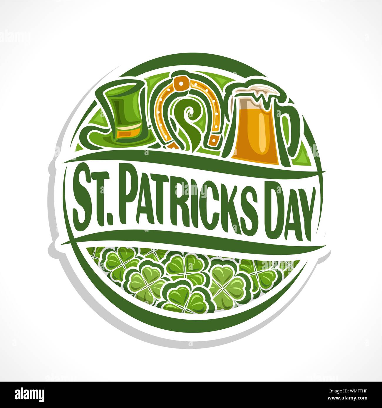 Il logo del vettore per il giorno di San Patrizio su shamrock sfondo, round segno di trifoglio con leprechaun hat, Golden Horseshoe e boccale di birra. Illustrazione Vettoriale