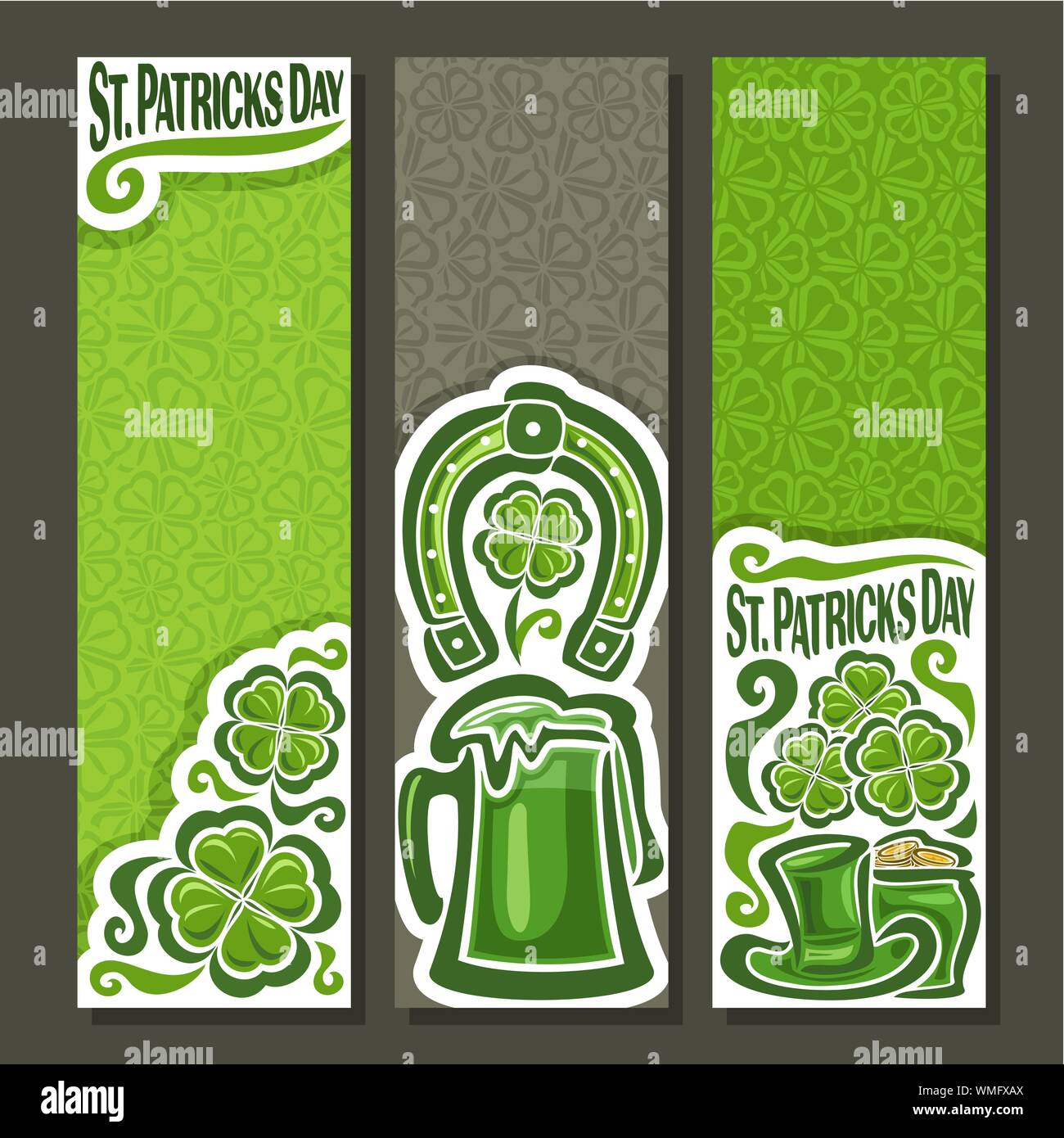 Vettore banner verticale per la festa di San Patrizio con shamrock sfondo. Illustrazione Vettoriale