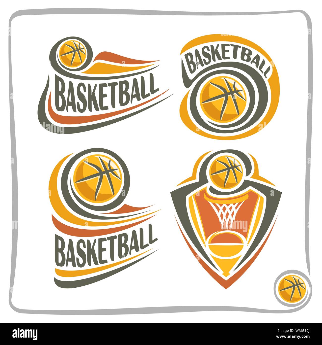 Vettore logo astratto per la pallacanestro, indicazioni per lo sport club, semplice orange basket ball battenti in cesto con net, isolato sporting icone. Illustrazione Vettoriale