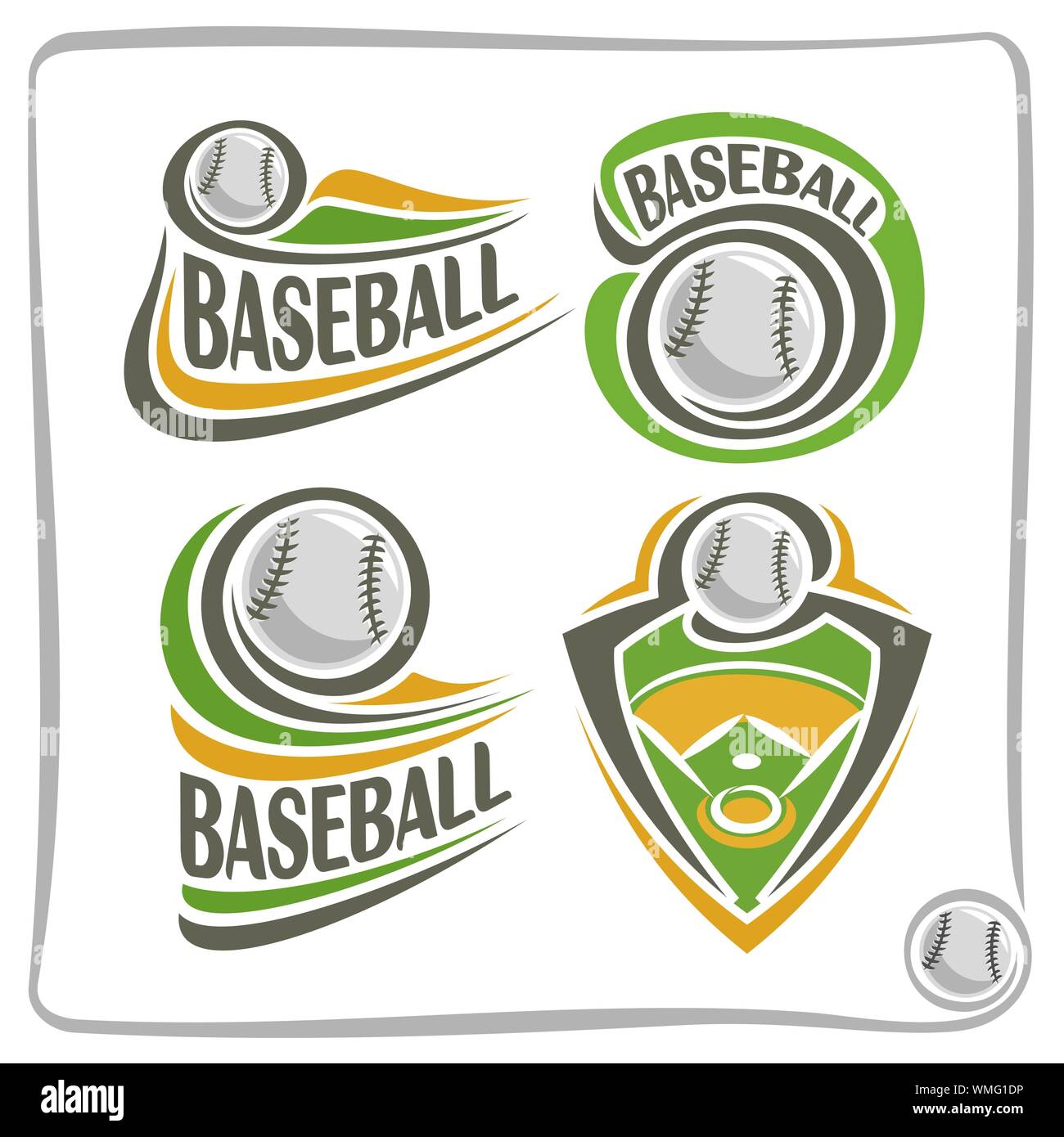 Vettore logo astratto per il baseball, indicazioni per lo sport club, cucito semplice palla da baseball volare al di sopra del campo verde, isolato sporting icone. Illustrazione Vettoriale