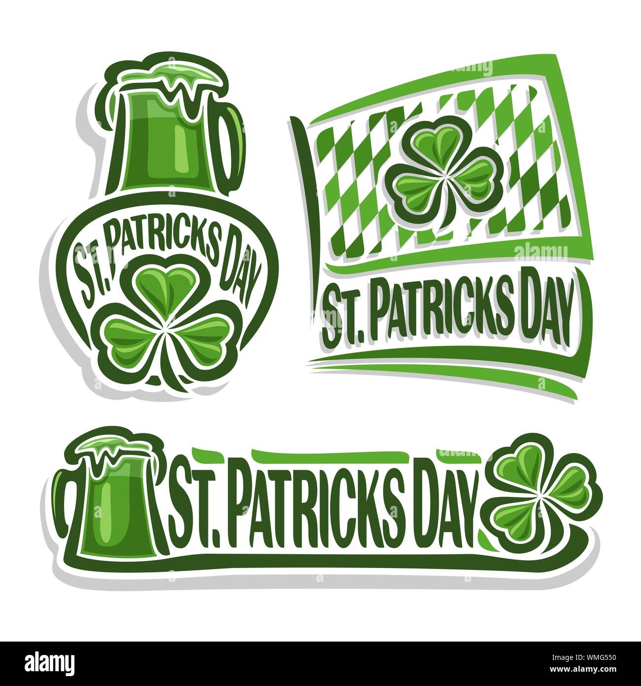 Il logo del vettore per il giorno di San Patrizio con Shamrock, segno verde con boccale di birra, la bandiera di san patrizio giorno con shamrock foglia e rombo. Illustrazione Vettoriale