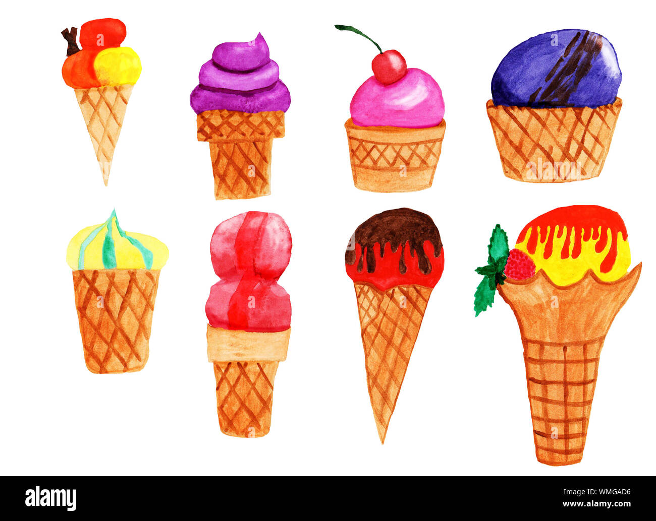 Serie di coni gelato e coppe di diversi sapori e colori acquerello Foto Stock