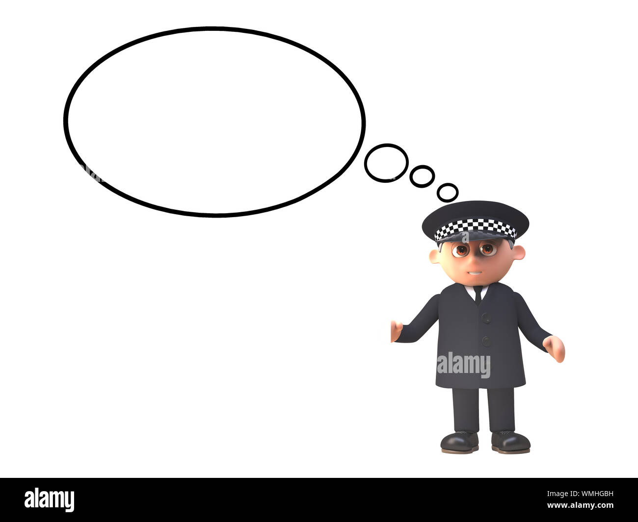 3D fumetto funzionario di polizia carattere in uniforme con un fustellato bolle di pensiero, 3D render illustrazione Foto Stock