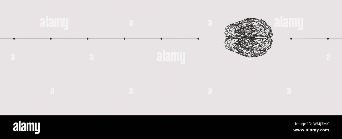 3D render di griglia minimalista cervello nero con la linea e punti su sfondo bianco panoramica. Foto Stock