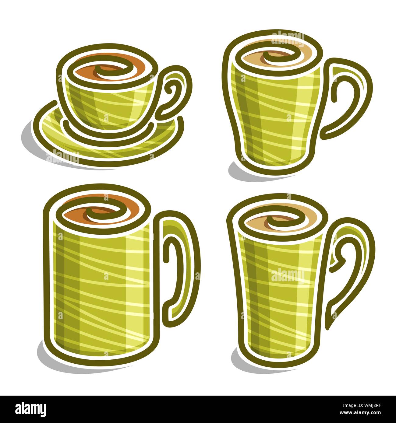 Set di vettore di green tea Cups, isolato su bianco. Illustrazione Vettoriale