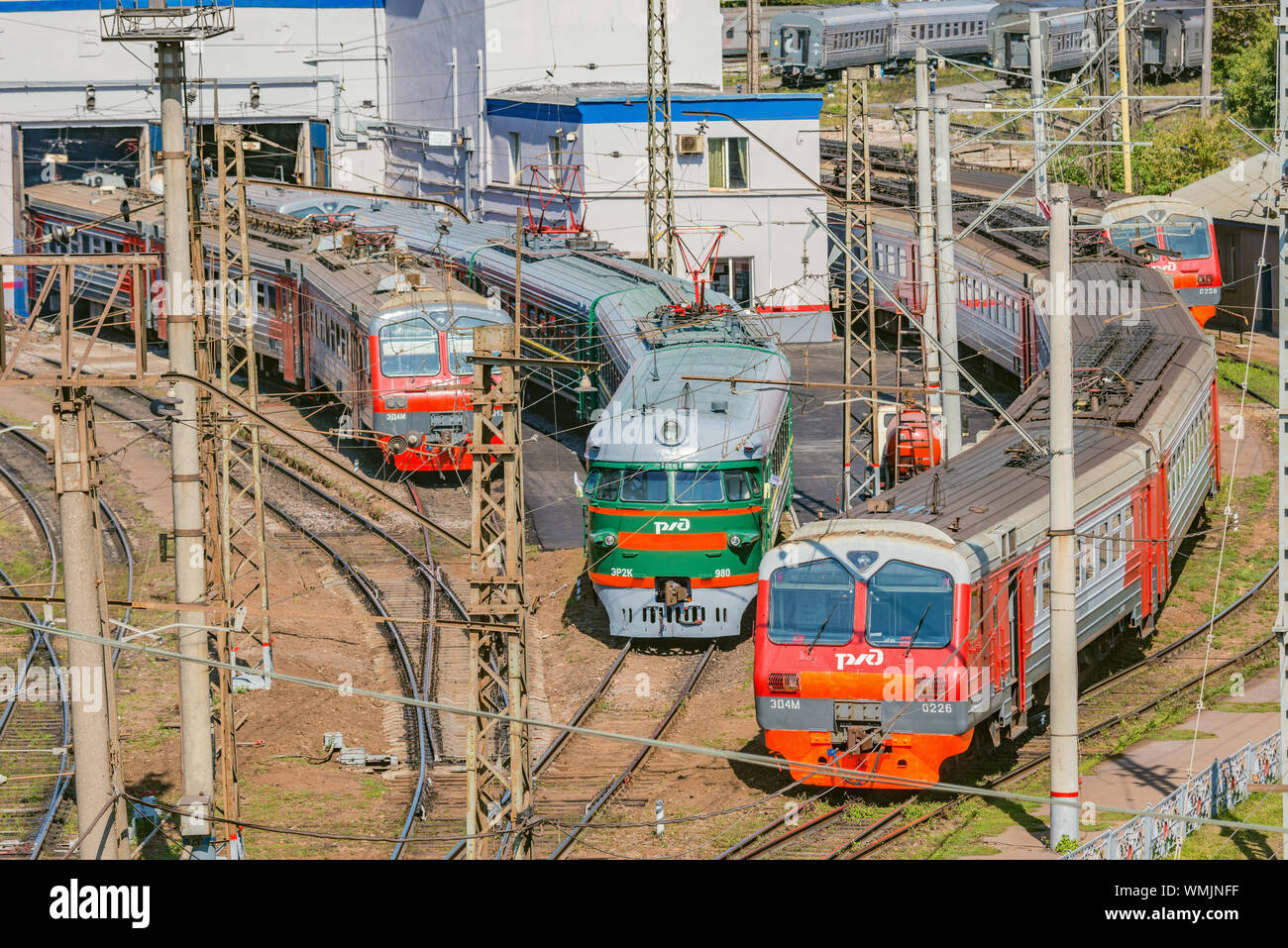 Mosca, Russia - Agosto 29, 2019: vista aerea del passeggero elettrico deposito dei treni. Foto Stock