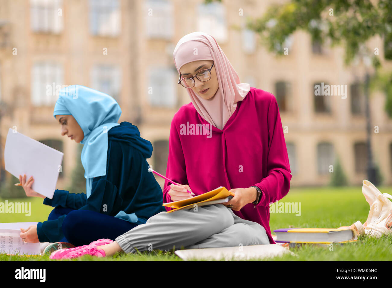 Studente musulmano che indossano occhiali studiare vicino amico Foto Stock