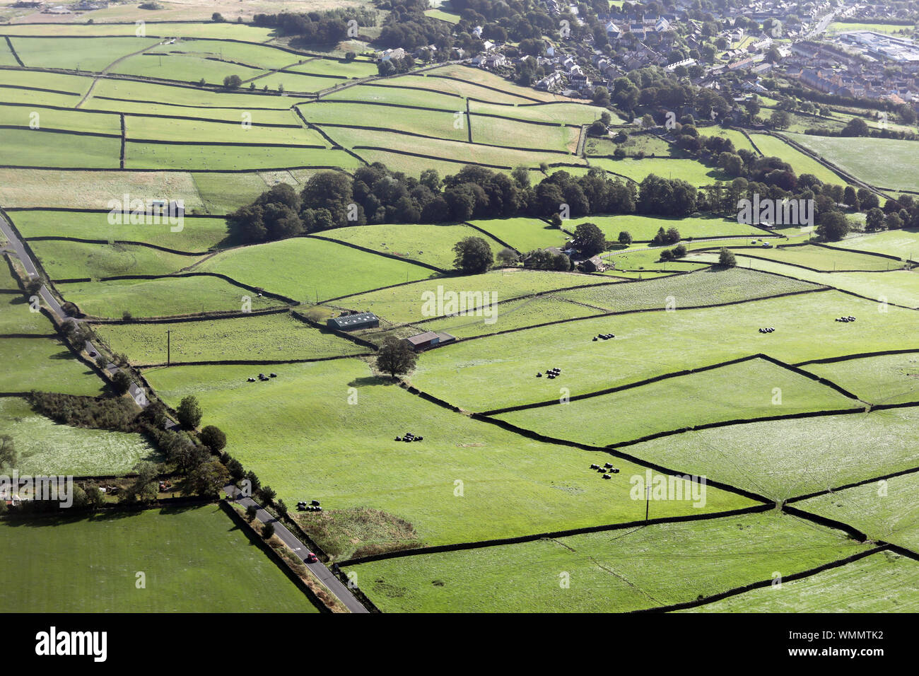 Vista aerea di muri in pietra a secco nello Yorkshire Foto Stock