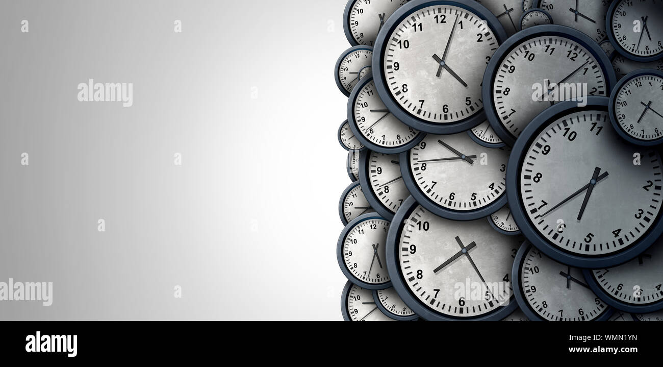 Tempo di sfondo concetto astratto come un gruppo di oggetti di orologio che rappresenta il giorno e la notte la pianificazione di business o le ore di lavoro con copia spazio. Foto Stock