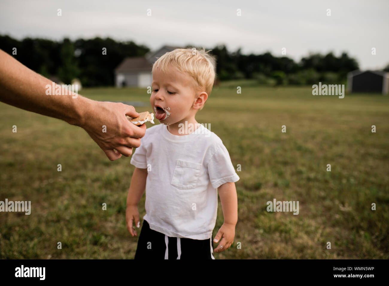 Il Toddler boy apre la bocca per mangiare s'more dal papà della mano in cortile Foto Stock