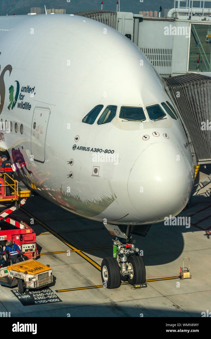 Primo piano vista verticale di un Emirates Airbus A380 all'Aeroporto Internazionale di Francoforte, Germania. Foto Stock