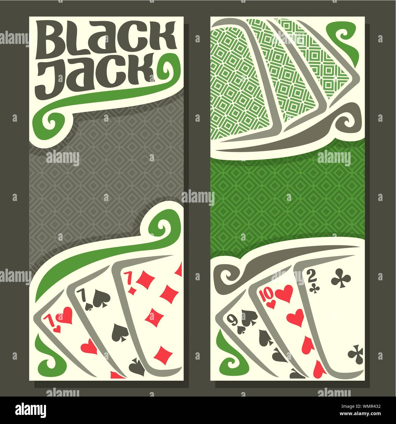 Vettore banner verticale per Black Jack, combinazione di carte da gioco per il gioco d'azzardo gioco black jack sul feltro grigio nella tabella. Illustrazione Vettoriale