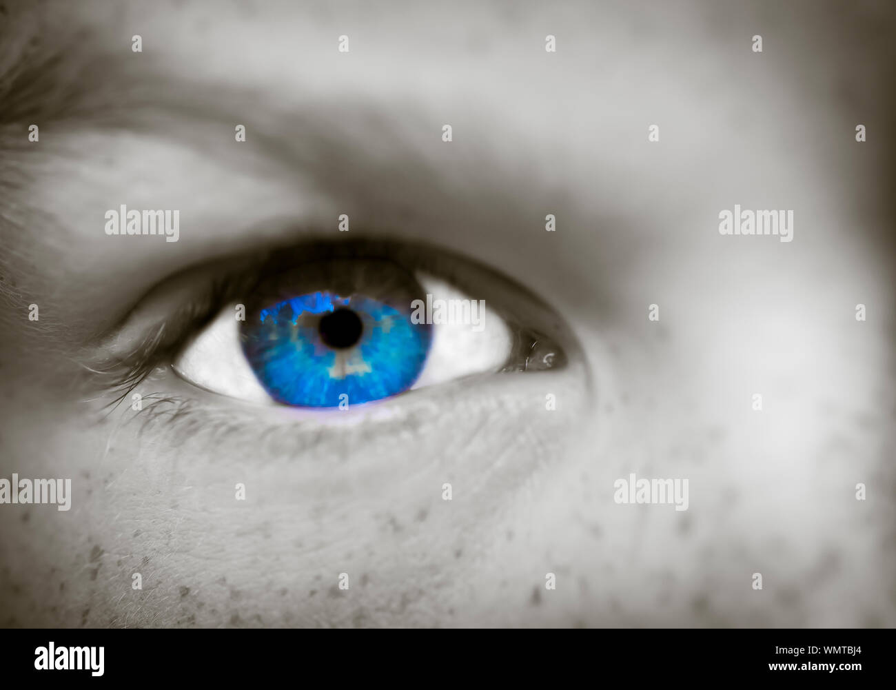 Una chiusura di un blu luminoso occhio in un bianco e nero faccia Foto Stock