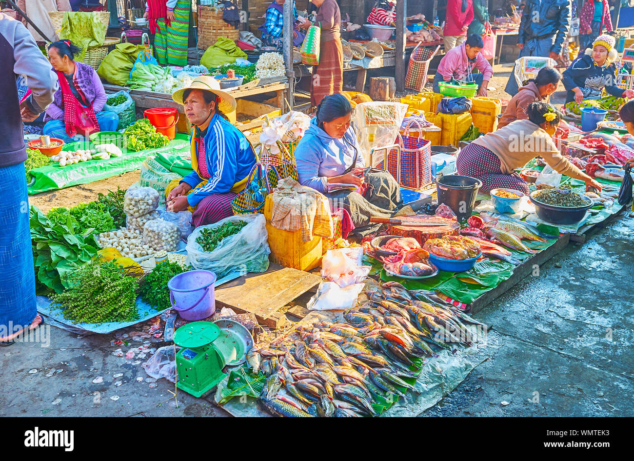 NYAUNGSHWE, MYANMAR - Febbraio 20, 2018: Visita Mingalar Mercato e godetevi l'atmosfera locale del commercio tradizionale, scegliere il pesce fresco di fishe locale Foto Stock