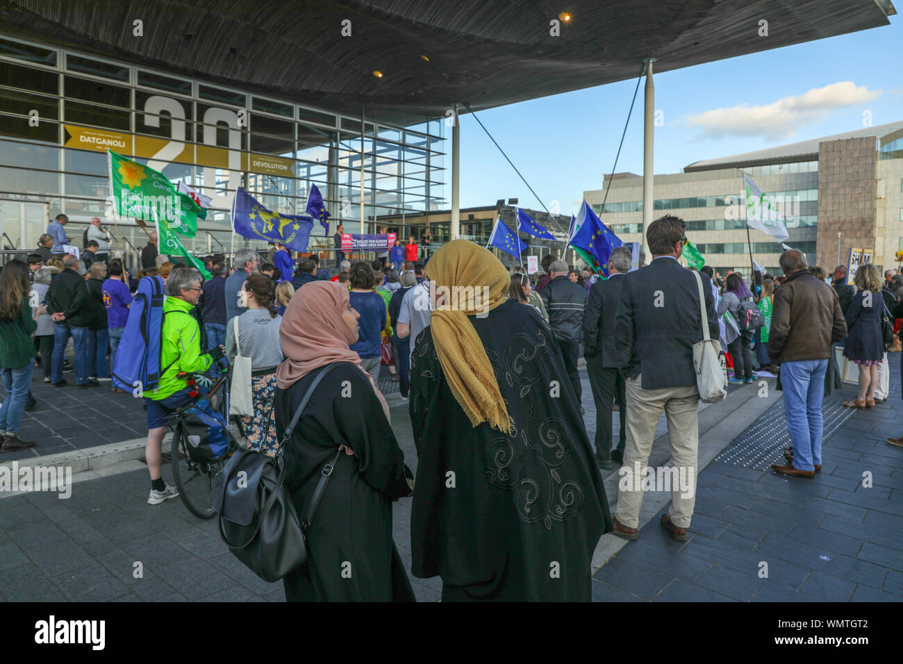 Senedd, National Assembly for Wales, la Baia di Cardiff, Galles, UK. 5 settembre 2019. Rimangono i manifestanti dimostrando al di fuori del Welsh Senedd, il giorno che la Welsh Assembly è stato ricordato per discutere dei recenti eventi in Westminster. Credito: Haydn Denman/Alamy Live News Foto Stock