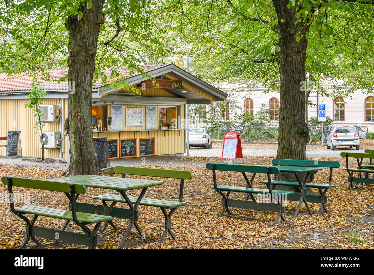 Facciate di case lungo la passeggiata meridionale durante l'inizio dell'autunno in Norrkoping, Svezia. Foto Stock