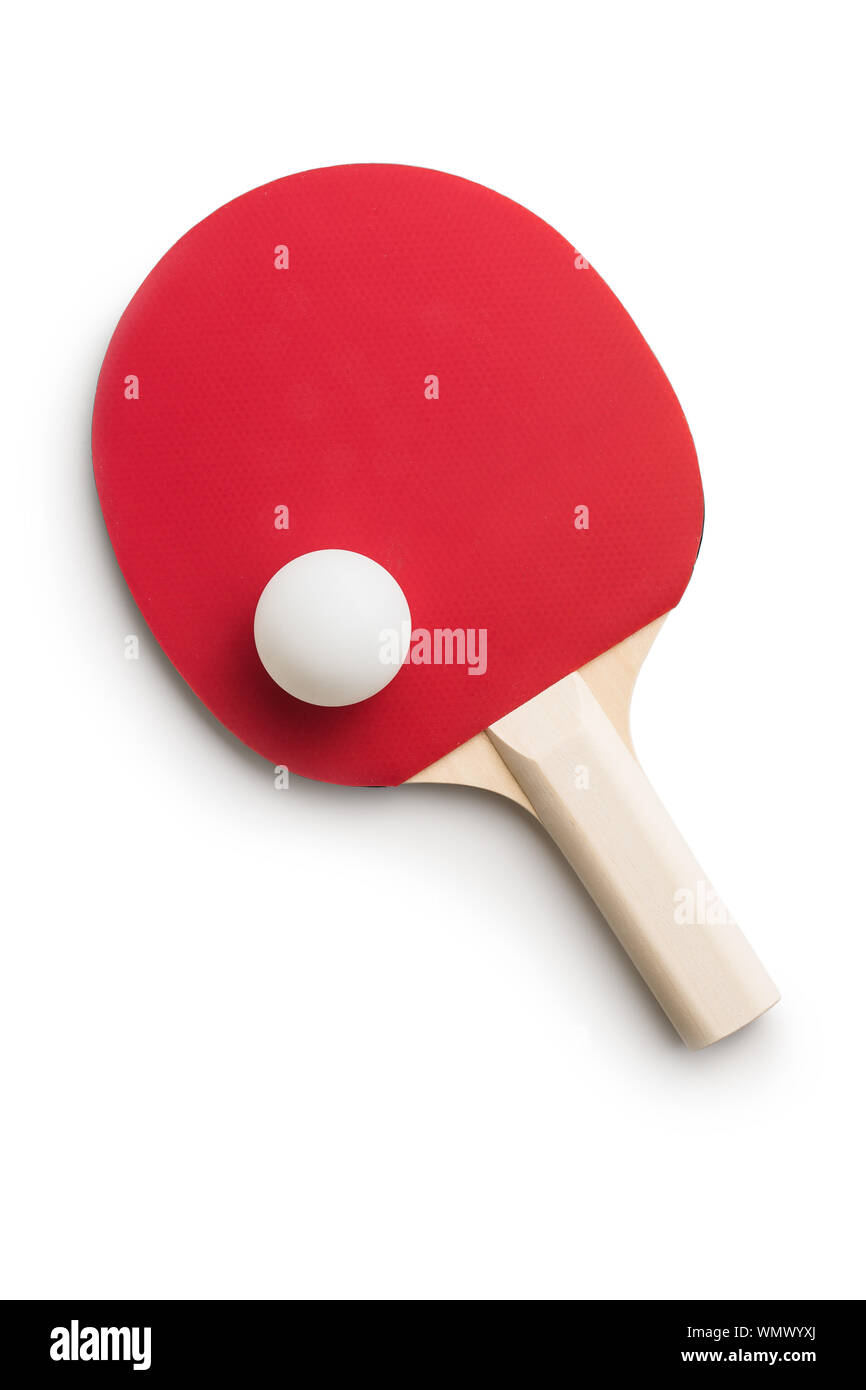 Ping pong racket e la sfera. Ping pong attrezzature isolati su sfondo bianco. Foto Stock