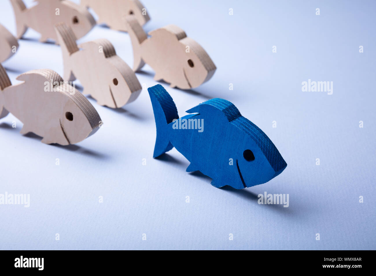 Close-up di bianco pesci di legno dietro il pesce blu su sfondo colorato Foto Stock