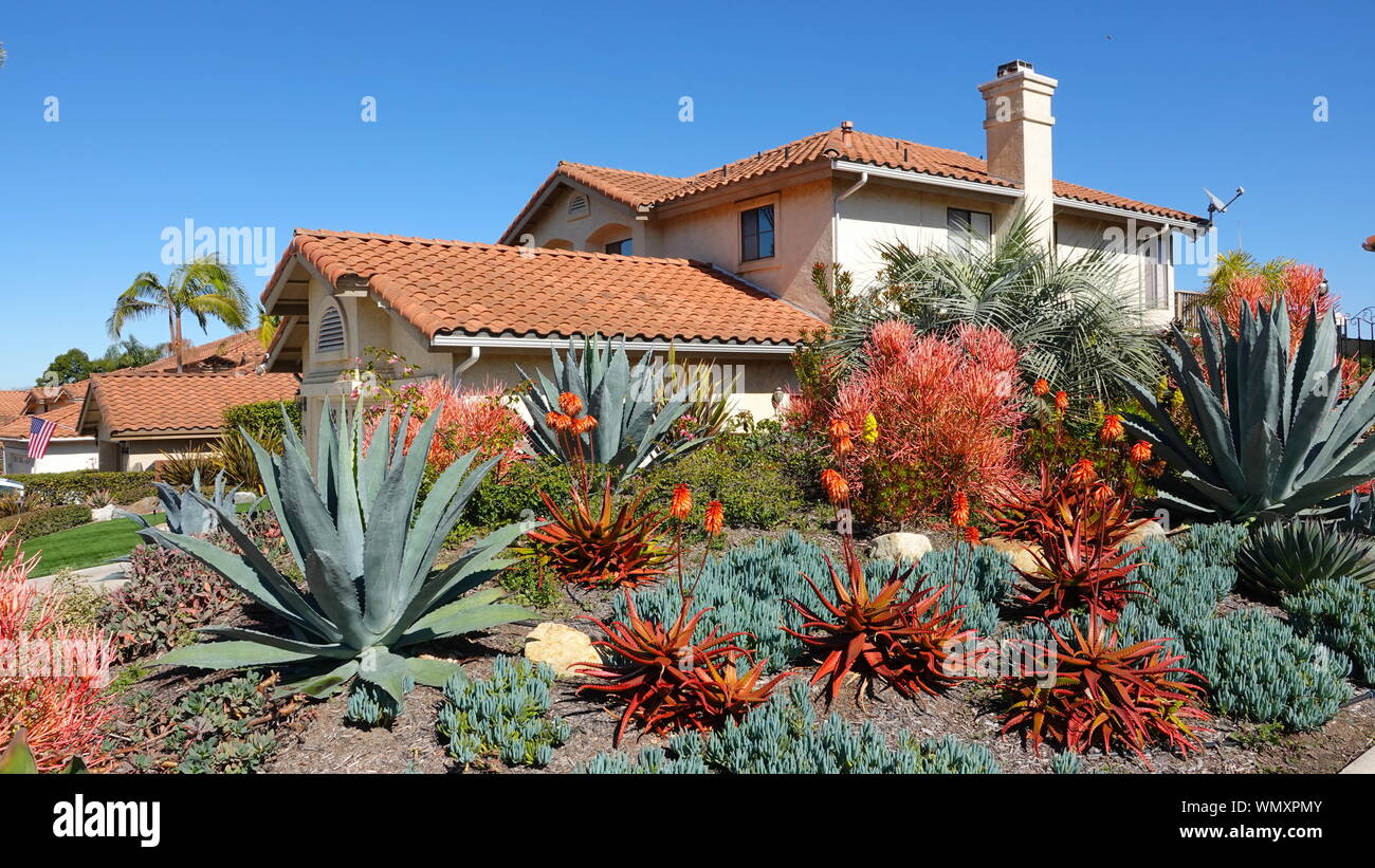 Ripresa a tutto campo della casa in California con la siccità-tolerant landscaping Foto Stock