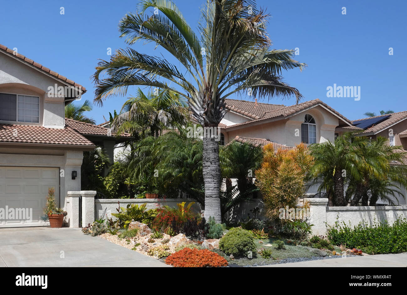 Ripresa a tutto campo della casa in California con la siccità-tolerant landscaping Foto Stock