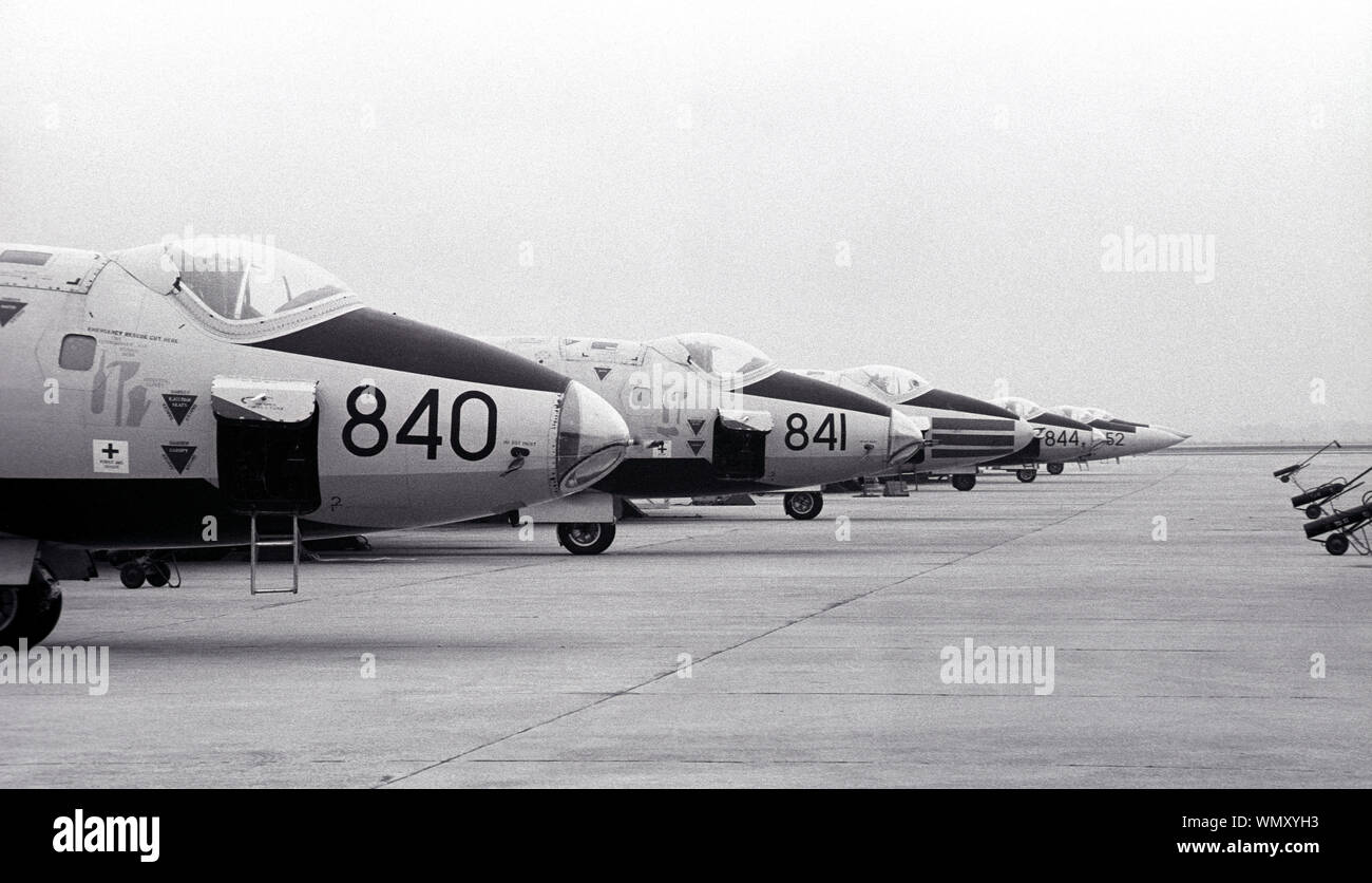 Sei Royal Navy English Electric Canberra's allineato al Royal Naval Air Station Yeovilton nel 1984. I due aeromobili più vicina sono Canberra TT18's (Target rimorchiatori) il prossimo aeromobile è a Canberra T4 Trainer e poi un altro TT18 con due Canberra T22's che sono state montate con nasi Buccaneer Foto Stock