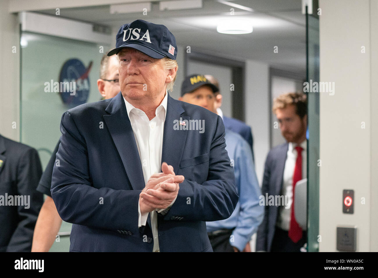 Stati Uniti Presidente Donald Trump presso la Federal Emergency Management Agency (FEMA) per un briefing in materia di uragano Dorian il 1 settembre 2019. (USA) Foto Stock
