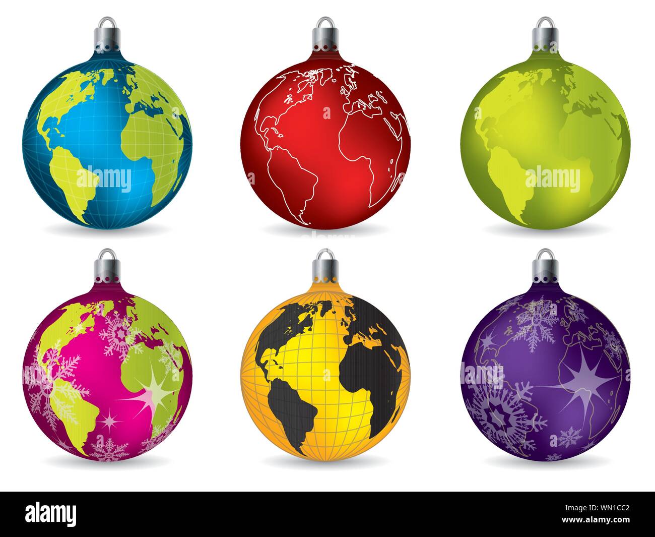 Shiny decorazioni di Natale con la mappa del mondo Illustrazione Vettoriale