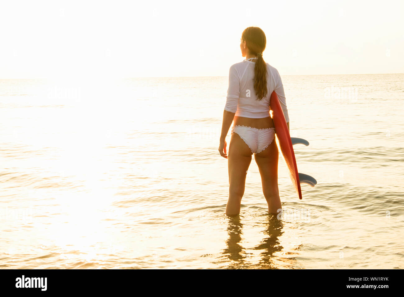 Donna che mantiene le tavole da surf in mare al tramonto Foto Stock