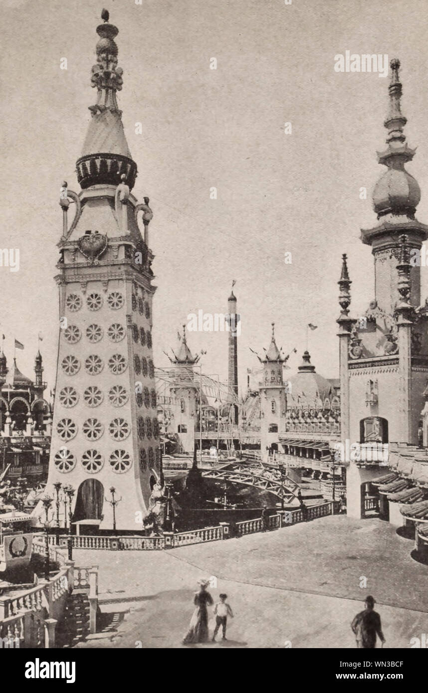 La torre e la vista generale del luna park di Coney Island, New York, circa 1904 Foto Stock