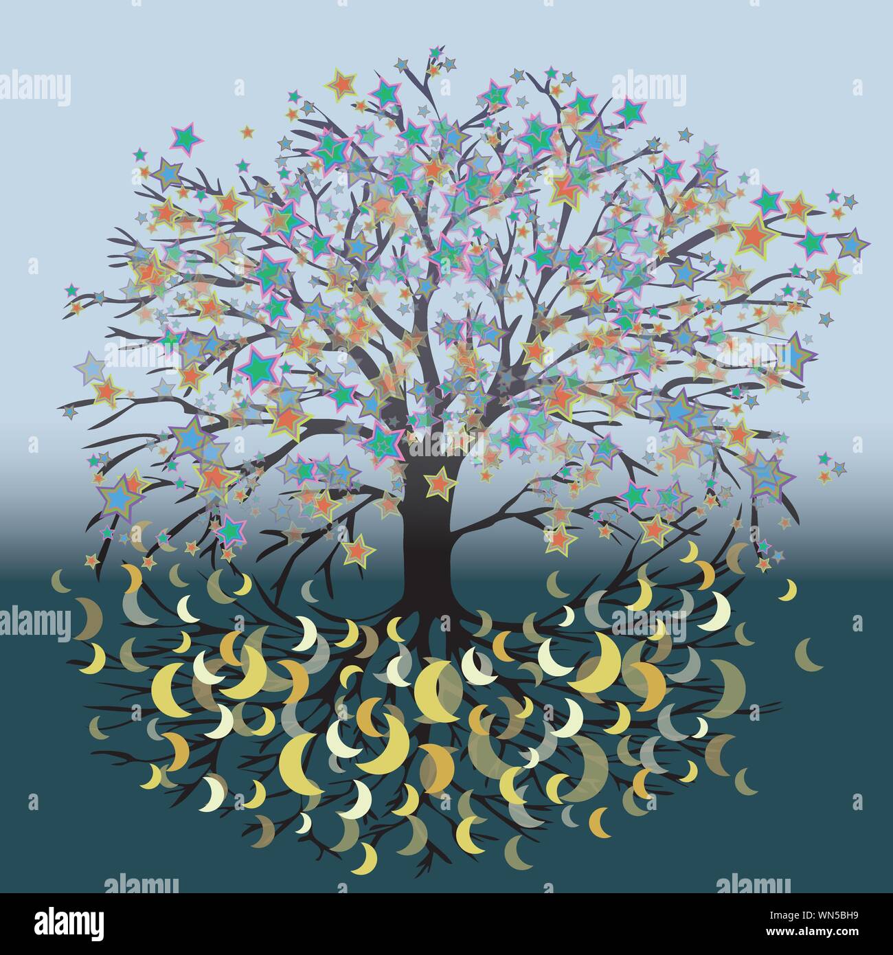 Una illustrazione vettoriale di un albero della vita con fiori a stella. In le radici sono lune Illustrazione Vettoriale