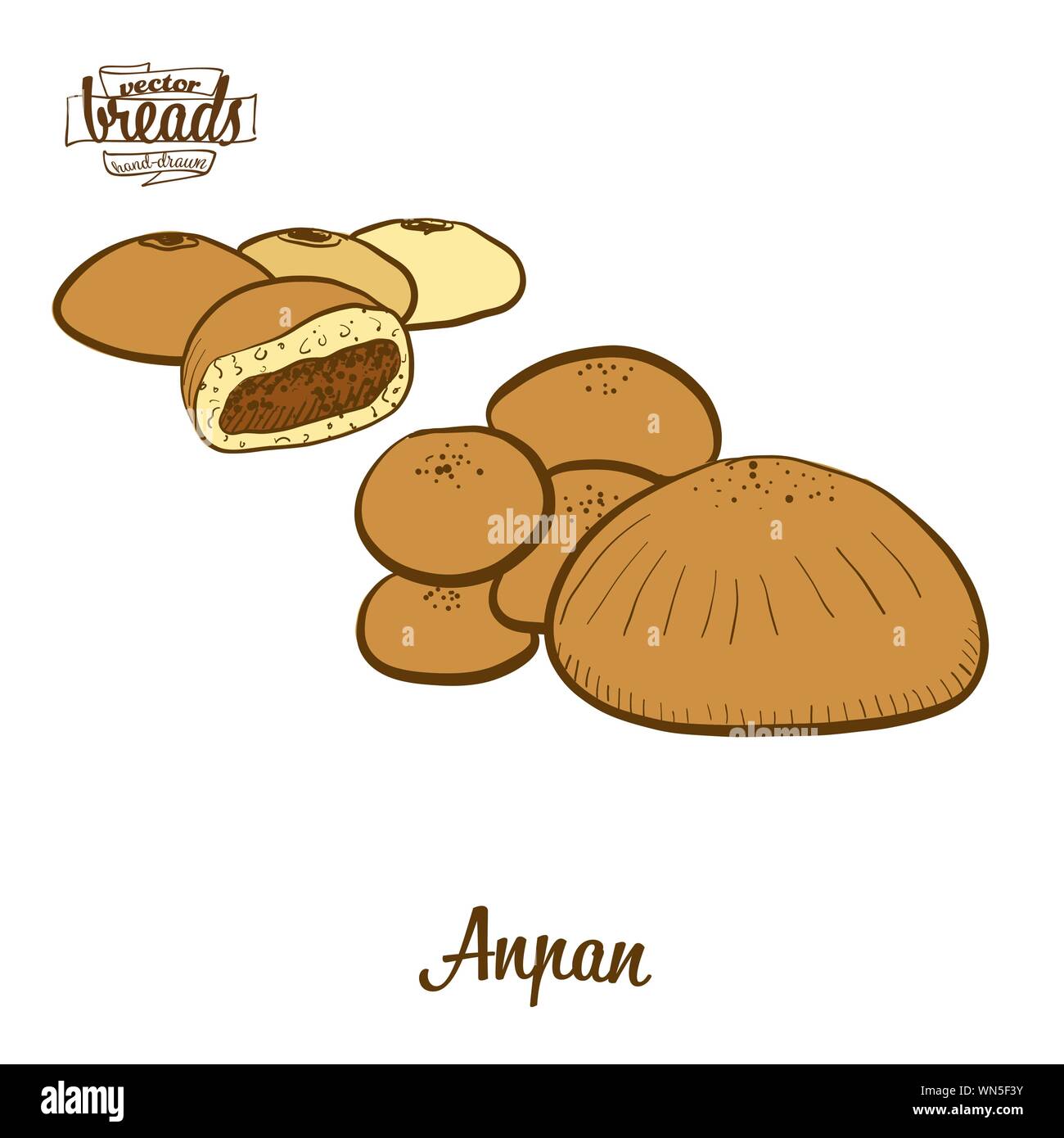 Disegno colorato di Anpan pane. Illustrazione Vettoriale di dolce bun cibo, usualmente noto in Giappone. Pane colorato schizzi. Illustrazione Vettoriale