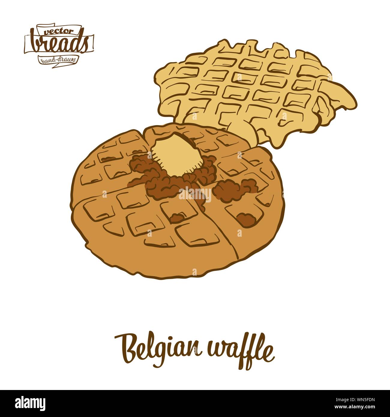 Disegno colorato della cialda belga pane. Illustrazione Vettoriale di cialda alimentare, usualmente noto in Belgio. Pane colorato schizzi. Illustrazione Vettoriale