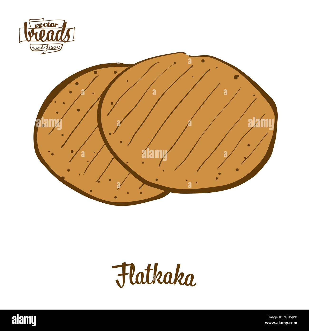 Disegno colorato di Flatkaka pane. Illustrazione Vettoriale di pasta alimentare, usualmente noto in Islanda. Pane colorato schizzi. Illustrazione Vettoriale