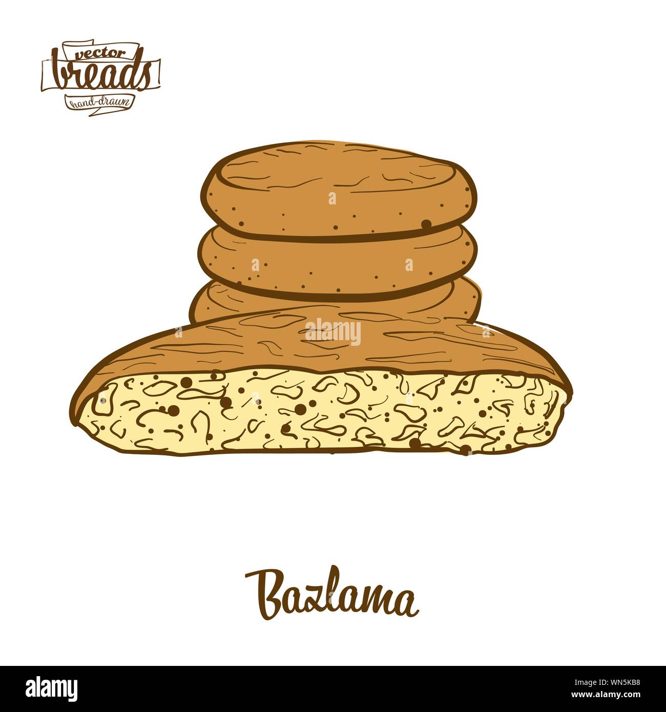 Disegno colorato di Bazlama pane. Illustrazione Vettoriale di pasta alimentare, usualmente noto in Turchia. Pane colorato schizzi. Illustrazione Vettoriale