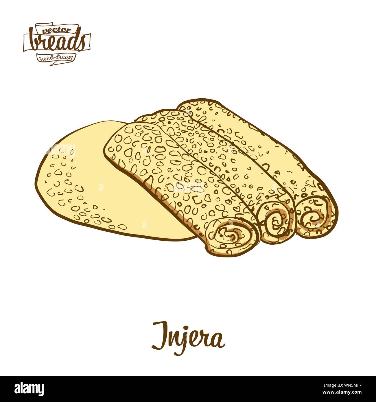 Disegno colorato di Injera pane. Illustrazione Vettoriale di pasta alimentare, usualmente noto in Eritrea. Pane colorato schizzi. Illustrazione Vettoriale