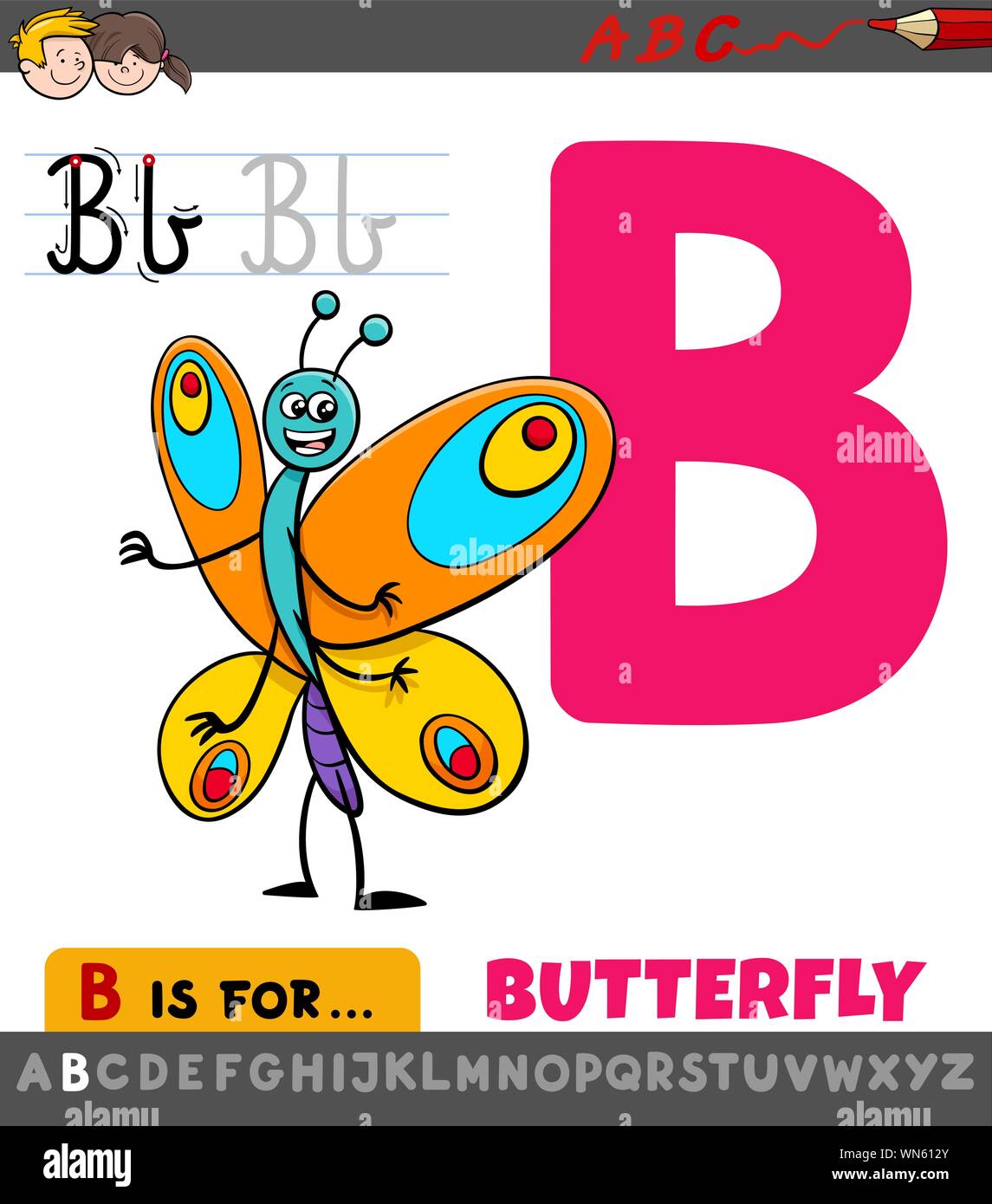 Cartone animato educativo illustrazione della lettera b da alfabeto con Butterfly per bambini Illustrazione Vettoriale