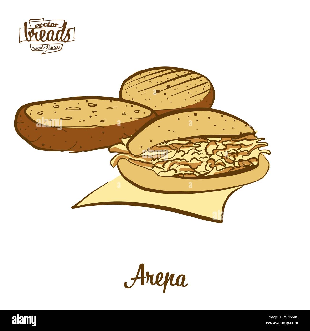Disegno colorato di Arepa pane. Illustrazione Vettoriale di Cornbread cibo, usualmente noto in Sud America. Pane colorato schizzi. Illustrazione Vettoriale