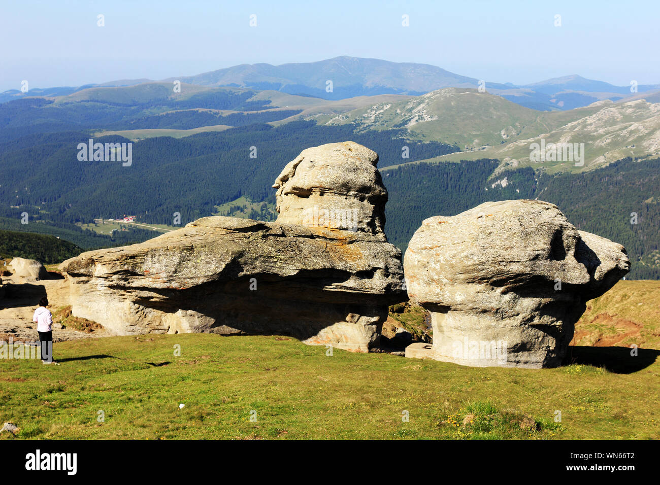Maestose formazioni rocciose a Babele sulle montagne di Bucegi contro il cielo blu chiaro Foto Stock