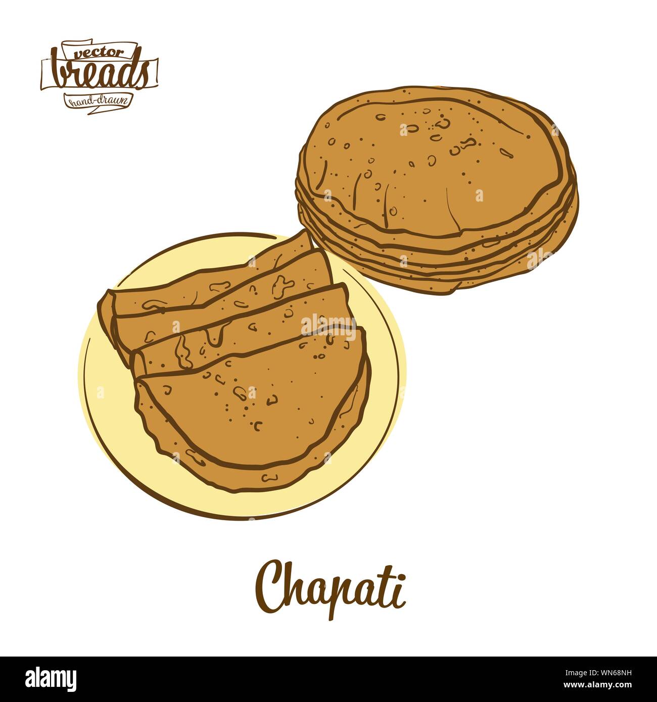 Disegno colorato di Chapati pane. Illustrazione Vettoriale di pasta alimentare, usualmente noto in Asia del Sud. Pane colorato schizzi. Illustrazione Vettoriale