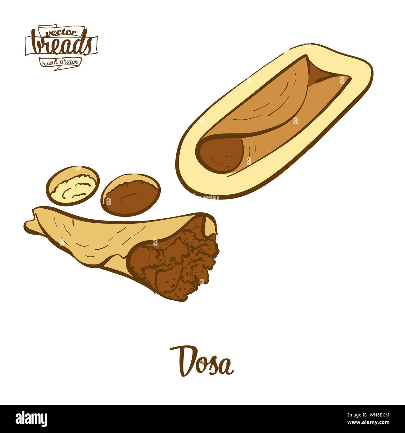 Disegno colorato di dosa il pane. Illustrazione Vettoriale di Pancake cibo, usualmente noto in India. Pane colorato schizzi. Illustrazione Vettoriale