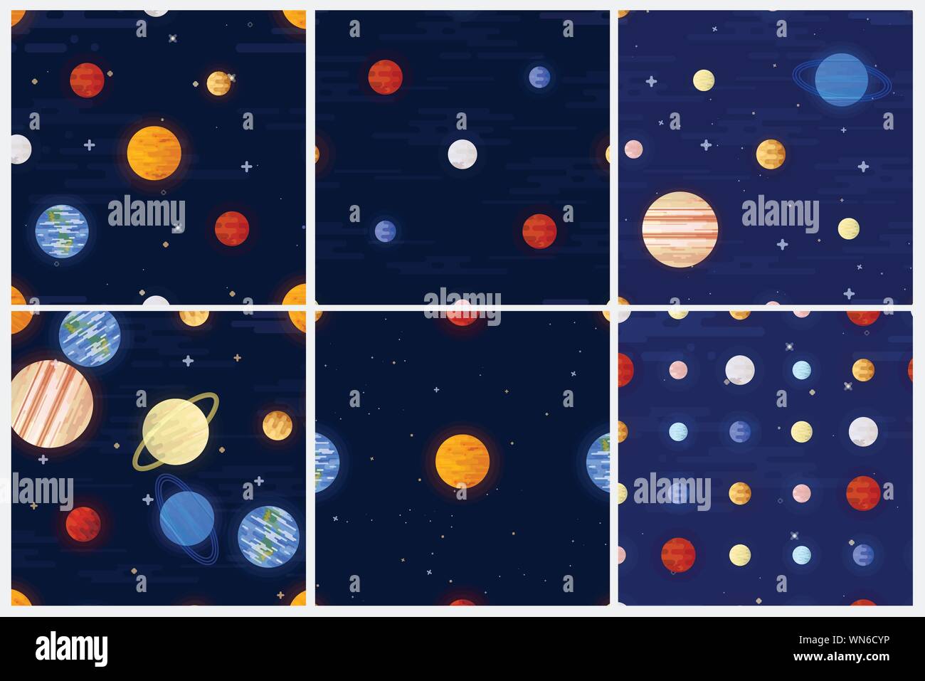 Spazio stampa. Vettore di Seamless pattern impostato. Colori diversi pianeti del sistema solare e delle stelle. Illustrazione Vettoriale
