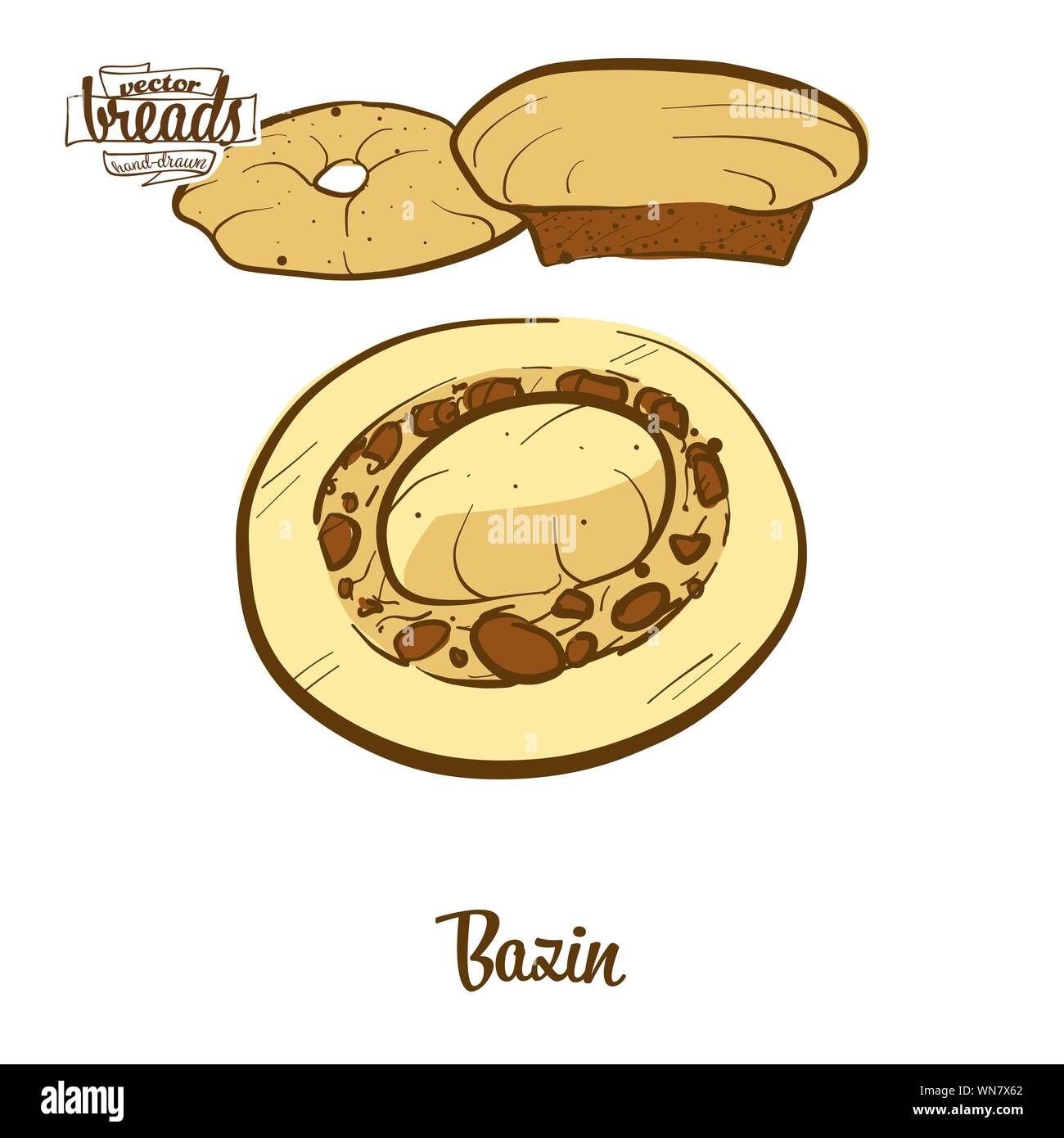 Disegno colorato di pane Bazin. Illustrazione Vettoriale di pasta alimentare, usualmente noto in Libia. Pane colorato schizzi. Illustrazione Vettoriale