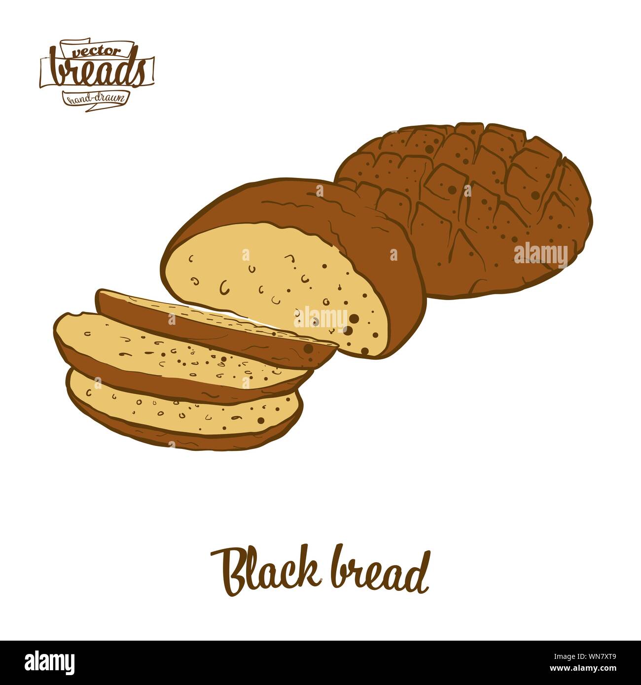 Disegno colorato di pane nero pane. Illustrazione Vettoriale di pane di segale cibo, usualmente noto in Europa. Pane colorato schizzi. Illustrazione Vettoriale