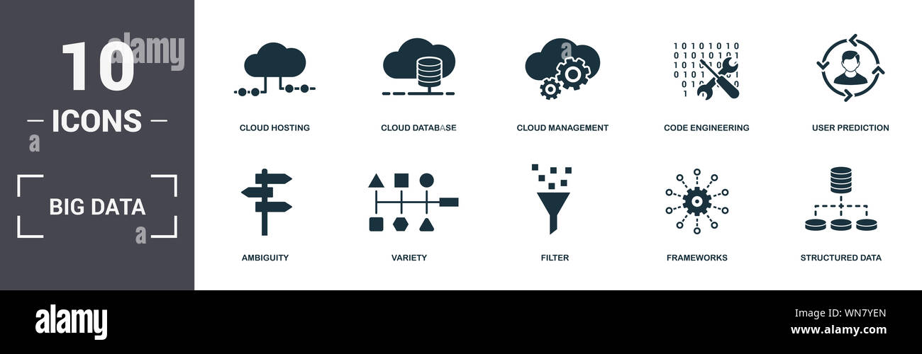 Grandi set di dati raccolta di icone. Include elementi semplici come il Cloud hosting, database Cloud, Cloud Management, codice Engineering, previsione utente Foto Stock