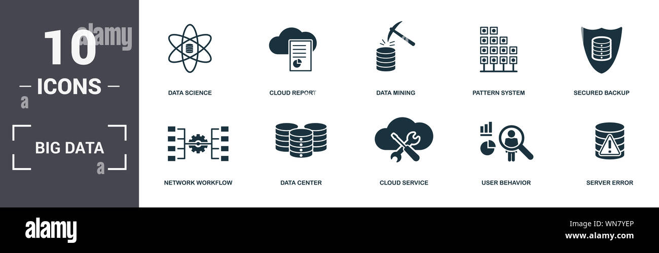 Grandi set di dati raccolta di icone. Include elementi semplici come i dati della scienza, Relazione Cloud, Data Mining, Pattern Sistema, fissato il backup del data center Foto Stock