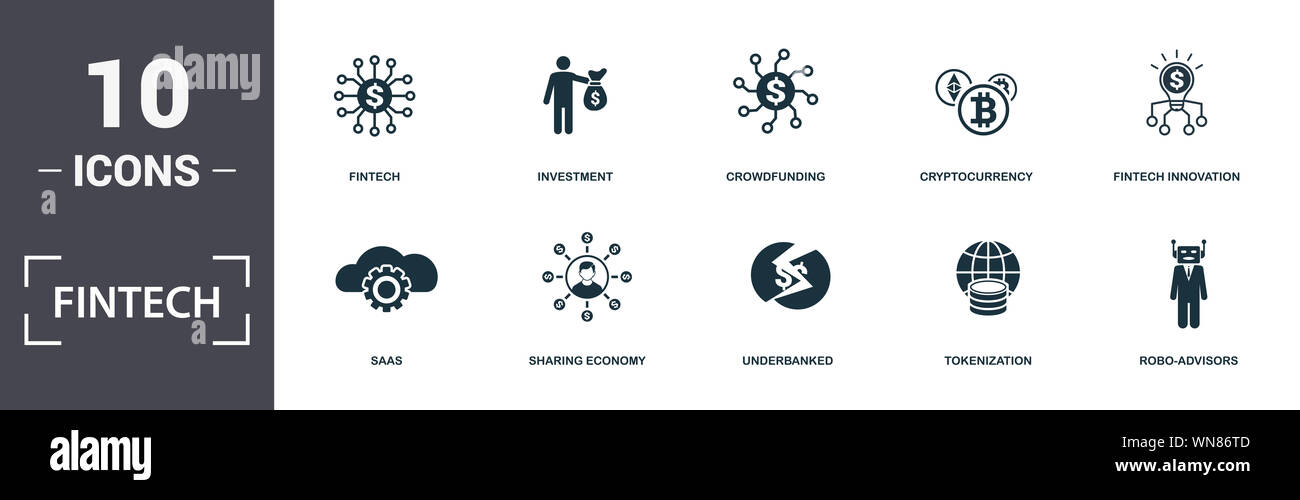 Set di Fintech raccolta di icone. Include elementi semplici come Fintech, investimenti, Crowdfunding, Cryptocurrency, Fintech innovazione, economia di condivisione Foto Stock