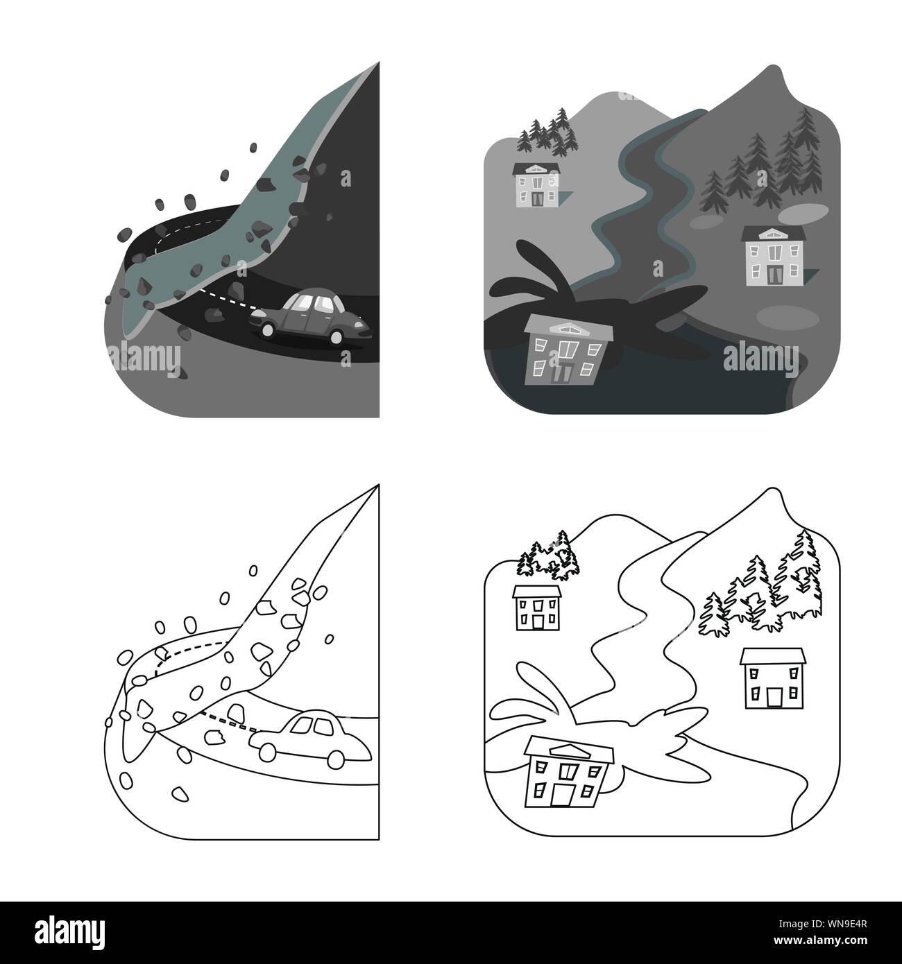 Il design del vettore del meteo e segno di emergenza. Set di meteo e crash simbolo azionario per il web. Illustrazione Vettoriale